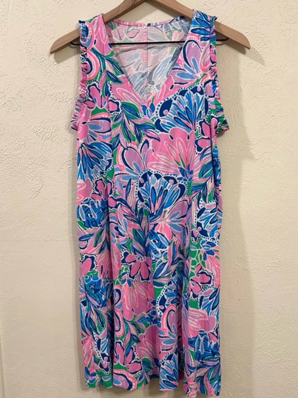 Lilly Pulitzer Pink Blue Green Floral Sleeveless V-Neck Dress XL